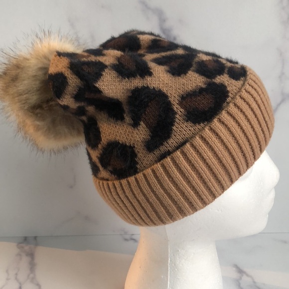 C.C Exclusives Soft Beanie Hat with Leopard Print Pattern and Faux Fur Pom - Picture 3 of 9
